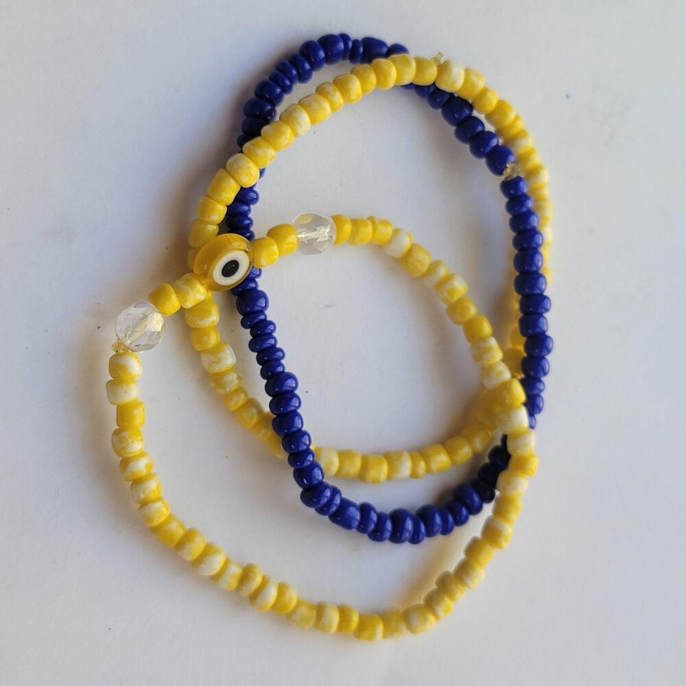 Evil Eye Beaded Wrap Bracelet Yellow Blue Glass Seed Beads Multicolor Luck